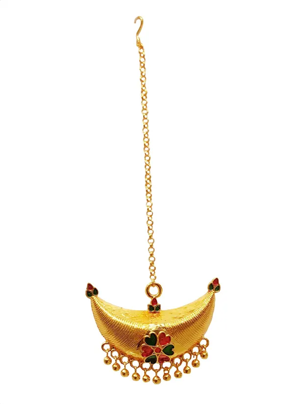 (Pack_Of_2)_Assamese_Traditional_Copper_Gold_Plated_Red_Green_Colour_Maang_Tikka_For_Women